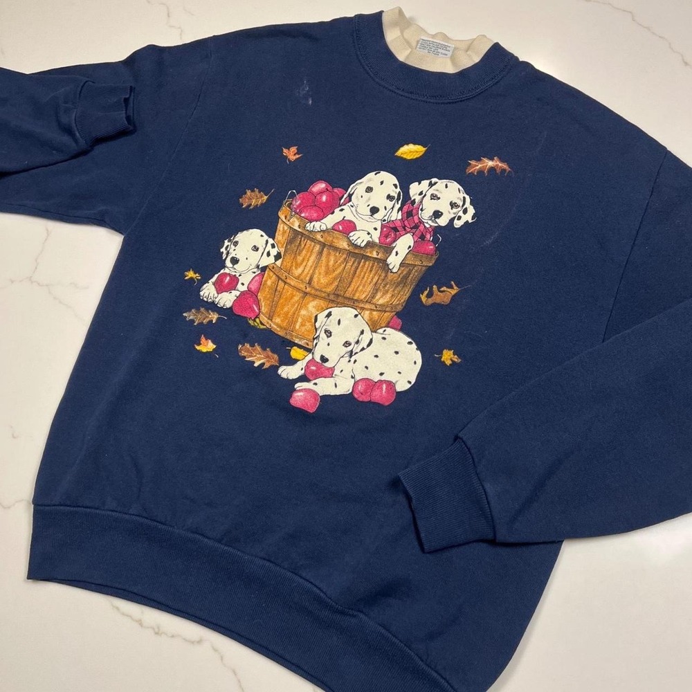 90s Sweatshirt Navy Dalmatian Puppy Fall leaves pumpkin Graphic USA Made M